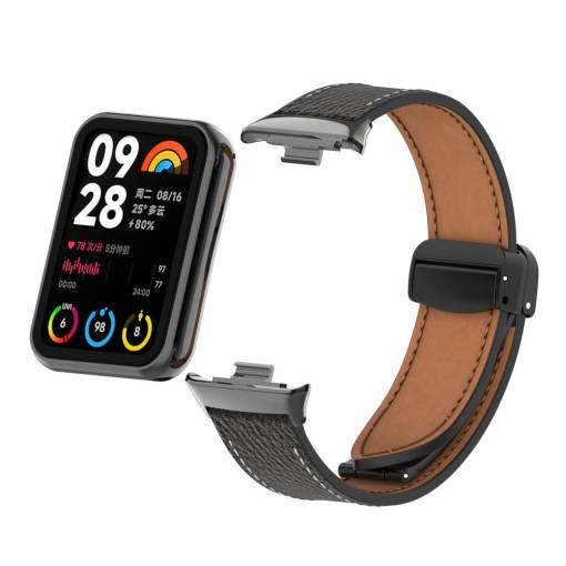 Foto - eses Kožený remienok s magnetickou sponou pre Xiaomi Redmi Watch 4, Smart Band 8 Pro a 9 Pro - Čierny